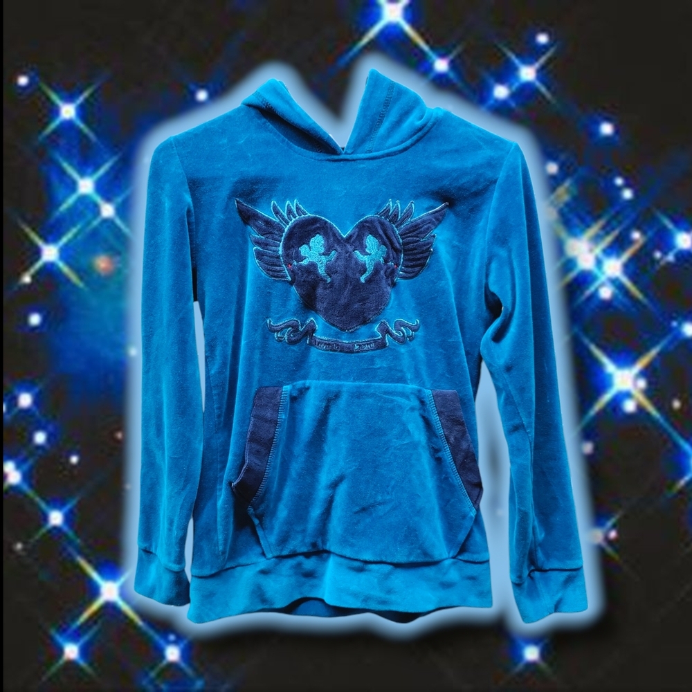 Valentine's Ultra Rare Y2K Blue Heart & Cherub Angels Pullover Velour Hoodie